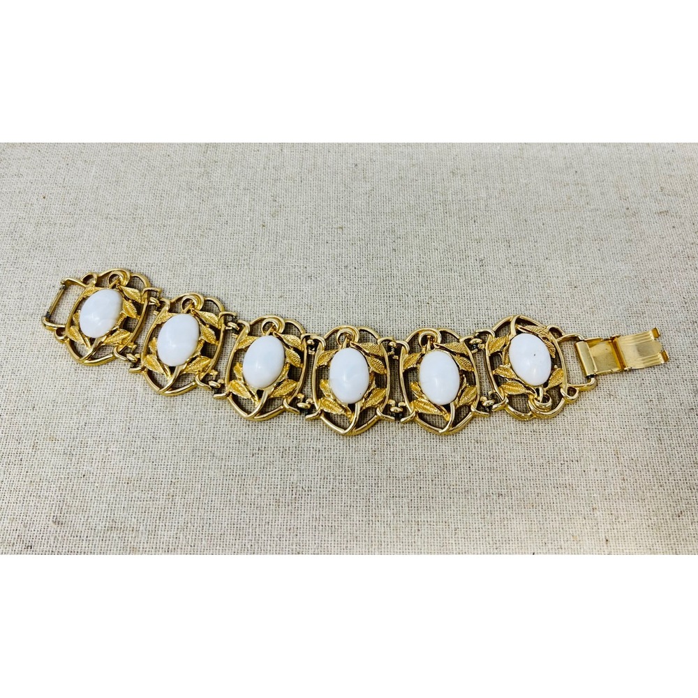 Vintage Gold Tone White Cabochon Leaf Link Ornate Botanical Statement Bracelet
